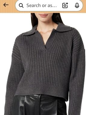 THE DROP Ribbed V-Neck Collared Sweater - Charcoal Gray